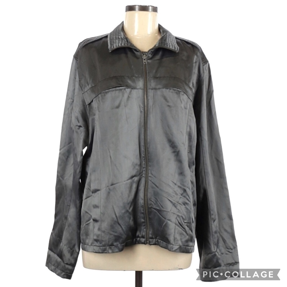 DKNY Satin Dark Chrome Colored Bomber Jacket